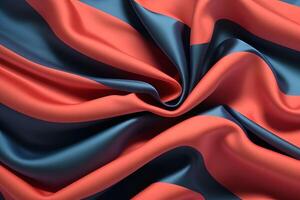 Striped Silk Fabric Draped in Elegant Waves A Textured Symphony of Coral and Navy photo