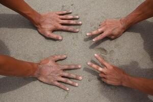 Two Pairs of Hands Forming Rock, Paper, Scissors Gestures photo