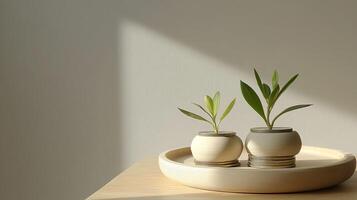 Two potted plants on a round tray minimalistic and serene background photo