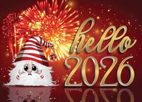 2026 Happy New Year card designed with a cute character and fireworks against a red backdrop. vector