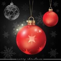 A red sparkling Christmas ornament featuring a star pattern design on a festive background decorated with falling snowflakes. vector