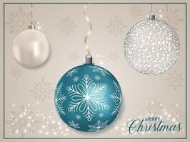 An artistic blue pearly Christmas bauble showcasing a white detailed snowflake design on a background filled with arranged snowflakes. vector