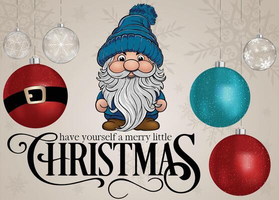 A lovable gnome dressed in blue on a holiday backdrop with cheerful wishes.