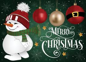 A friendly snowman wearing a beanie and standing in the snow with a festive green background. vector