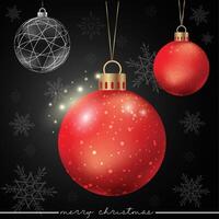 A stylish red holiday ball with a dotted pattern on a backdrop of scattered snowflakes. vector