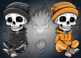 A hoodie-wearing skeleton with a beanie, relaxing in a sitting position. vector