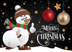 A festive snowman with a cheerful expression and Christmas baubles in the background. vector
