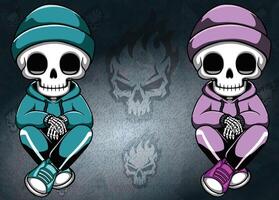 A skeleton dressed in a hoodie and beanie sitting down casually. vector