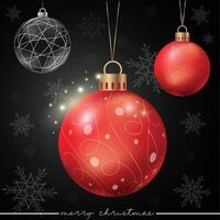 A sparkling red holiday tree ornament with a dotted motif on a black festive backdrop. vector
