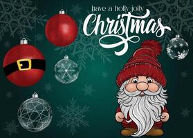 A festive scene with a gnome and Xmas text on a green backdrop. vector
