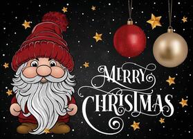 A cute happy gnome in red with a Xmas greeting on a festive backdrop. vector