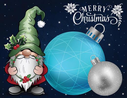 A gnome positioned beside Christmas tree ornaments.