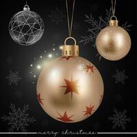 A bronze sparkling Xmas ball featuring a star pattern design on a festive background decorated with falling snowflakes. vector