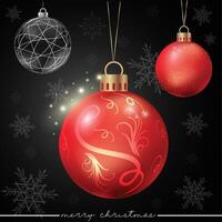 A lovely festive red ornament with a swirly pattern on a black background of scattered snowflakes. vector