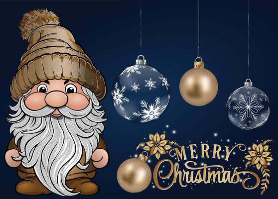 A charming and cute gnome with a Merry Christmas message on a dark blue backdrop.