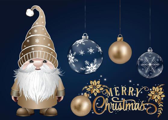 A festive little gnome standing beside holiday baubles on a dark blue background.