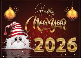 A fun and festive 2026 Happy New Year card featuring a tiny character surrounded by sparking golden glitter and text on a red backdrop. vector