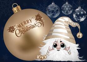 A festive character in a striped hat standing next to a bauble with a Christmas message on a blue textured background. vector