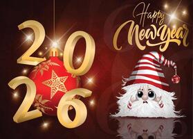 2026 Happy New Year greeting card with a cute festive character on a gradient red background. vector