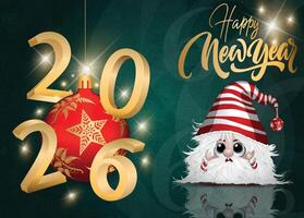 2026 Happy New Year greeting card with a cute festive character on a green backdrop. vector