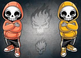 A skeleton in a hoodie and beanie standing with arms folded. vector