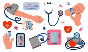 Heart health concept set. Collection of people check and monitor blood pressure range, oxygen level, pulse with smartwatch, pulse oximeter and other medical devices. illustration isolate vector