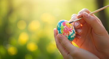 Hand-painted Easter eggs in progress, with a person delicately adding watercolor designs to create festive and artistic decorations photo