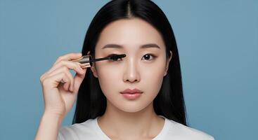 Model showcasing a step-by-step mascara application process for a makeup tutorial focused on achieving perfect lashes. High-quality content for cosmetic branding photo