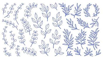 Mediterranean blue branches set. Collection of various branches with leaves hand drawn with blue contour lines on white background. Bundle of botanical design elements. vector