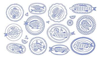 Grilled fish set in mediterranean blue. Collection of stylized, hand drawn illustration featuring various fish dishes arranged on plates. The layout is a white background and blue line art. vector