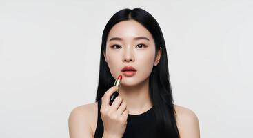 Stylish woman adding a touch of glamour by applying a luxurious matte lipstick for an all-day perfect finish. Perfect for advertising premium cosmetic products photo