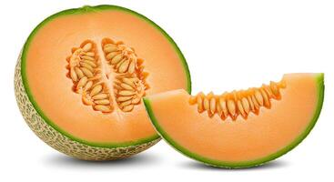 cantaloupe melon slices isolated on white background with shadow. juicy and ripe cantaloupe fruit full of vitamins and water isolated on white background photo
