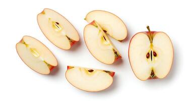 Fresh red apple slices isolated on white background with realistic shadow for healthy eating, vegan, and vegetarian food concepts photo