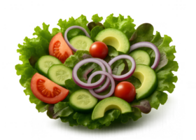 Fresh salad with lettuce, tomato, cucumber, avocado and red onion on transparent background png