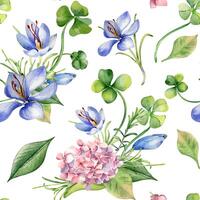 Spring flowers watercolor seamless pattern isolated. Clover, pink hydrangea and crocus illustration hand drawn by repeated background. Botanical art print for design package, home decor, textile vector