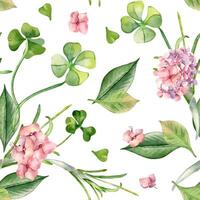 Shamrock, pink hydrangea and leaves watercolor seamless pattern isolated. Floral repeat background with spring flowers and herbs painted. Botanical art design for home textile, Happy Easter vector