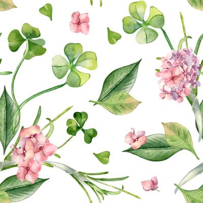 Shamrock, pink hydrangea and leaves watercolor seamless pattern isolated. Floral repeat background with spring flowers and herbs painted. Botanical art design for home textile, Happy Easter