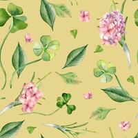 Realistic flowers and leaves watercolor seamless pattern isolated. Clover and pink hydrangea on repeated background hand drawn. Wildflowers and herb, shamrock painted in botanical art. Design textile. vector