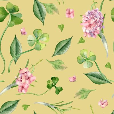Realistic flowers and leaves watercolor seamless pattern isolated. Clover and pink hydrangea on repeated background hand drawn. Wildflowers and herb, shamrock painted in botanical art. Design textile.