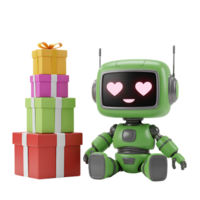 A green robot with a heart on its face next to a stack of presents png