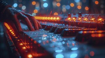 A person playing an electronic keyboard with lights on it photo