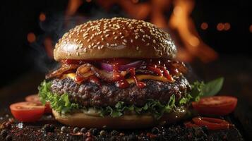 A hamburger with cheese, bacon and tomatoes on a wooden board photo