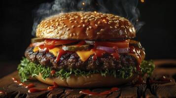 A large hamburger with ketchup and cheese on top photo