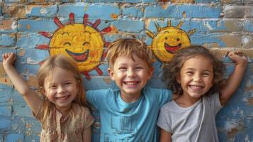 Three children smiling and standing in front of a brick wall photo
