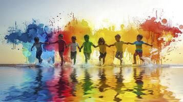 Children holding hands in front of colorful paint splashes photo