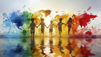 Children holding hands in front of a colorful splash of paint photo