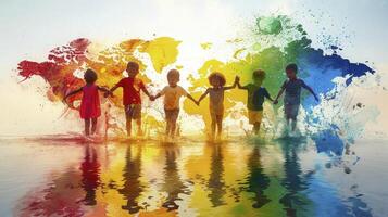 Children holding hands in front of a colorful world map photo