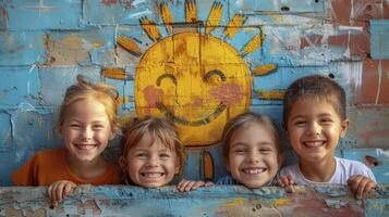 Four children are smiling in front of a painted wall with a sun photo