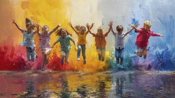 A painting of children jumping in the air with colorful paint photo