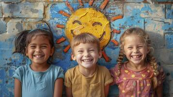 Three children smiling in front of a painted wall photo